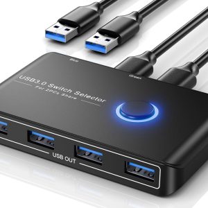 USB 3.0 Switch Selector for 2 Computers, USB Switcher Sharing 4 USB Devices Peripheral Hub for Mouse, Keyboard, Scanner, Printer; for Mac/Windows/Linux; 2 Pack USB Cables Included