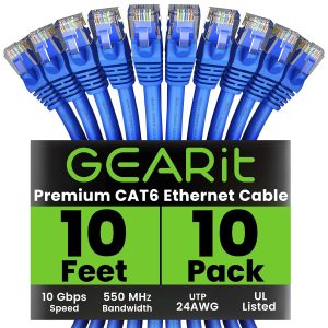 GearIT Cat 6 Ethernet Cable (10-Pack 10 Feet) Cat6 Network Patch